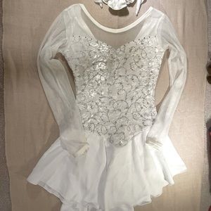 White Glitter Figure Skating Dress with hair accessories